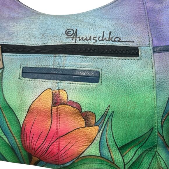 NWT! Anuschka Hand Painted Tulips Leather Hobo Handbag with Card Wallet - Picture 4 of 16